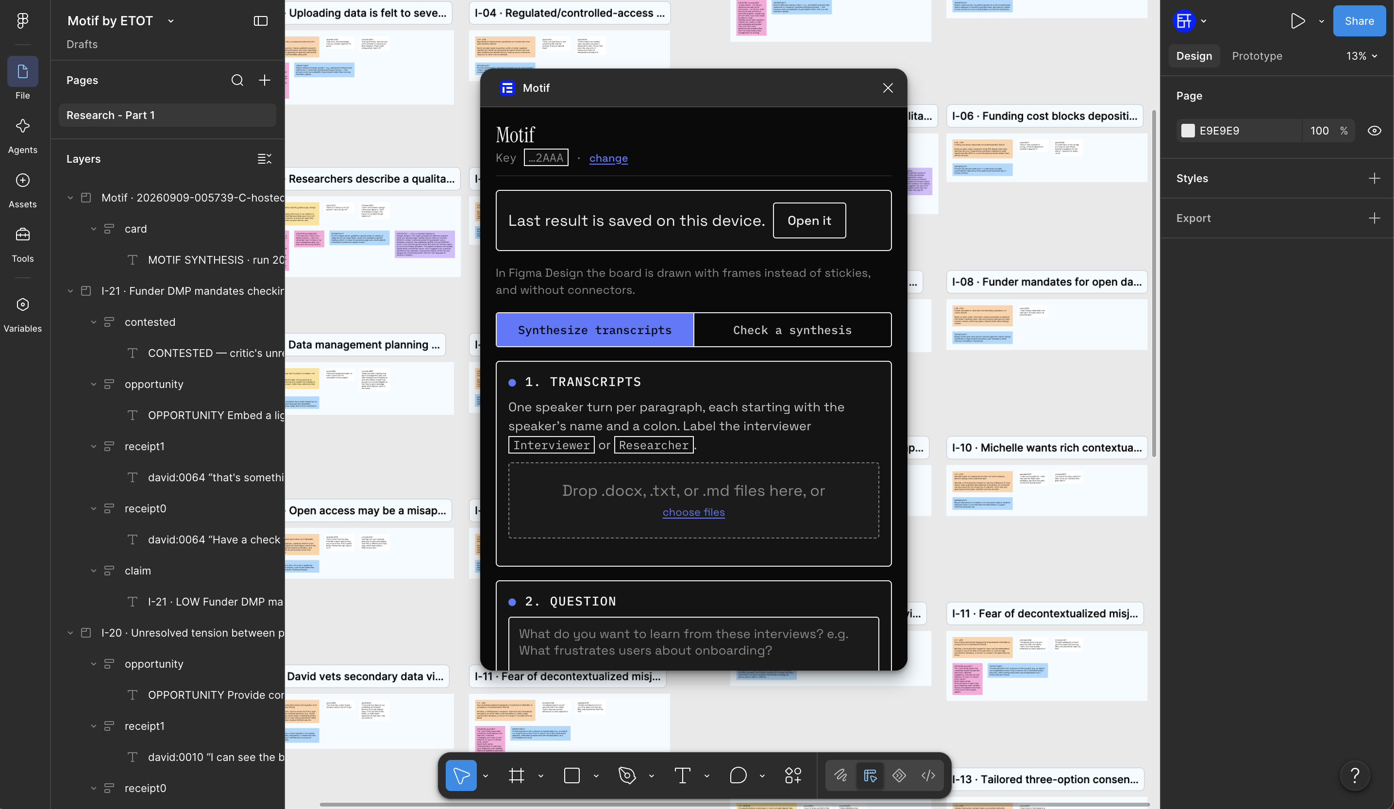 The Motif plugin's setup screen open in Figma Design: transcript drop zone and a question field, with the last result available to reopen.